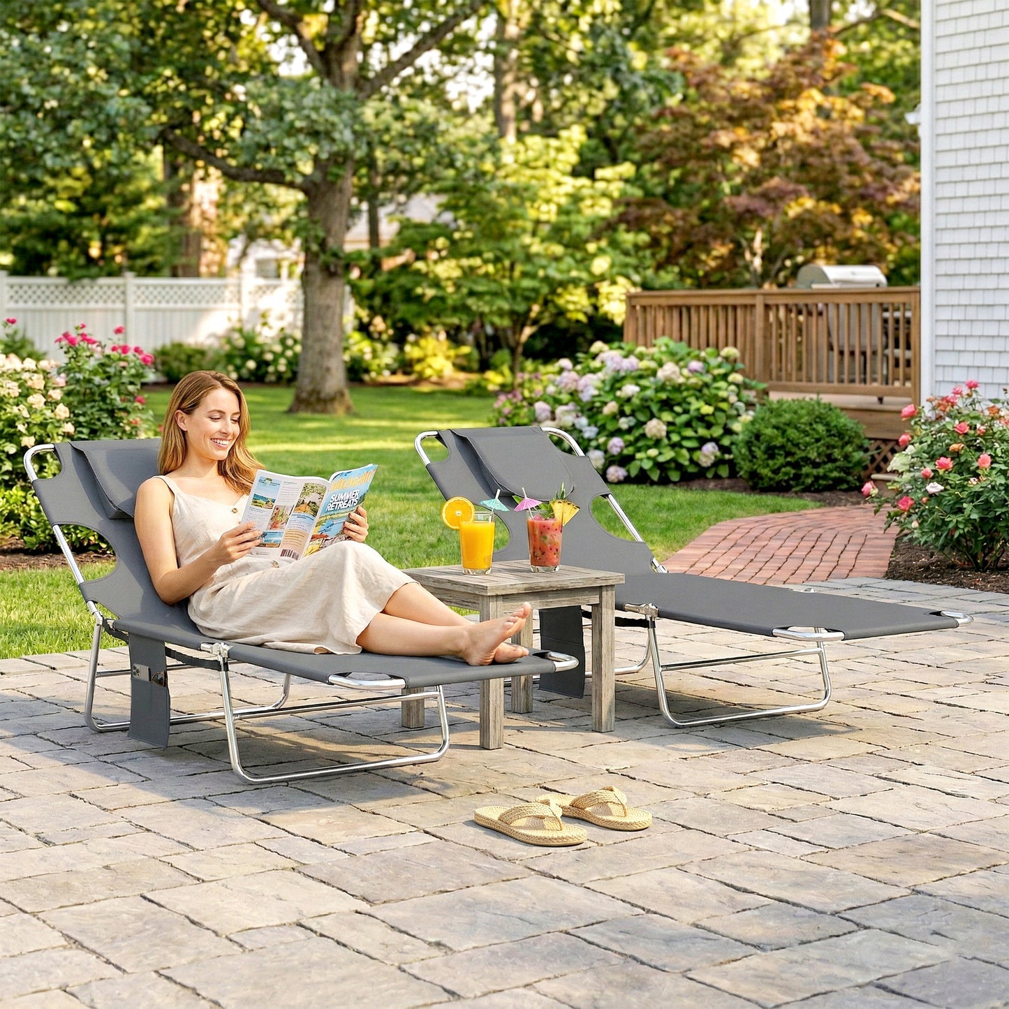 Monaco 5-Position Adjustable Sun Loungers Set of 2 with Reading Hole and Side Pocket, Dark Grey