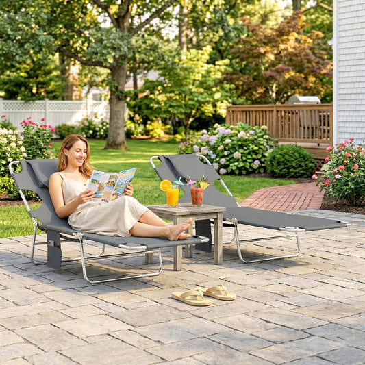 Monaco 5-Position Adjustable Sun Loungers Set of 2 with Reading Hole and Side Pocket, Dark Grey