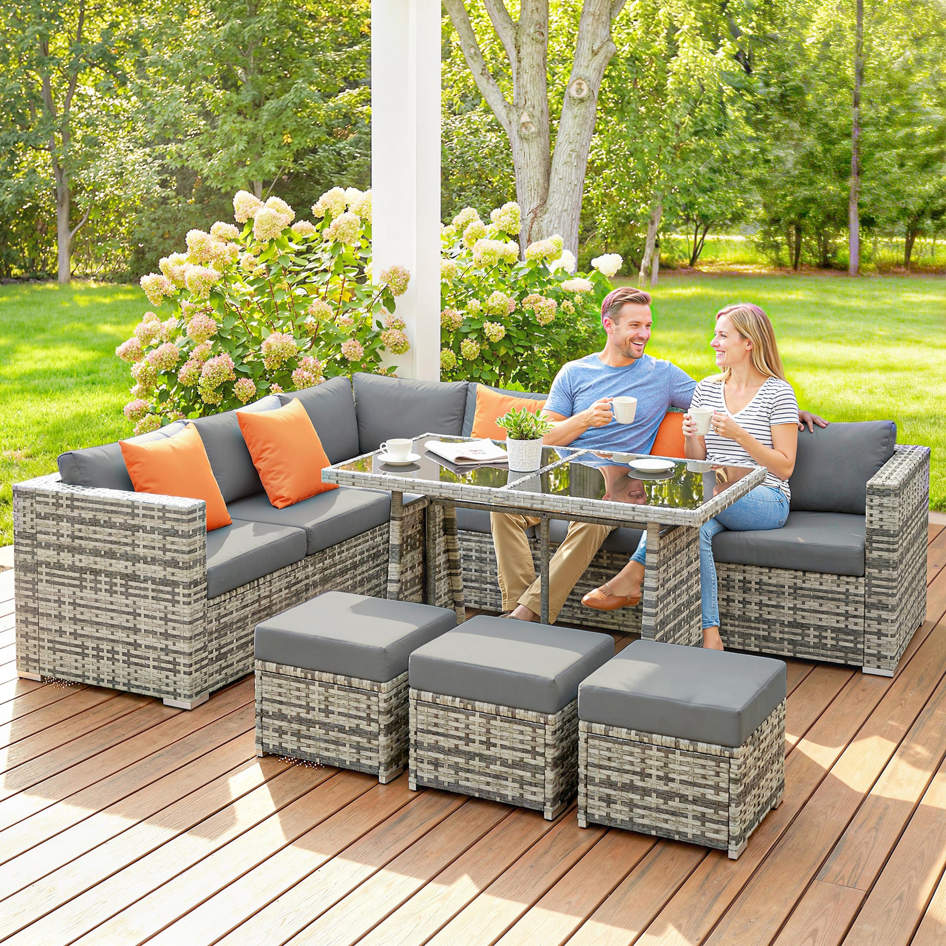 Outsunny 10 Piece Rattan Garden Furniture Set, 3 Corner Sofas with 3 Chairs, 3 Stools and Coffee Table, Outdoor Patio Furniture
