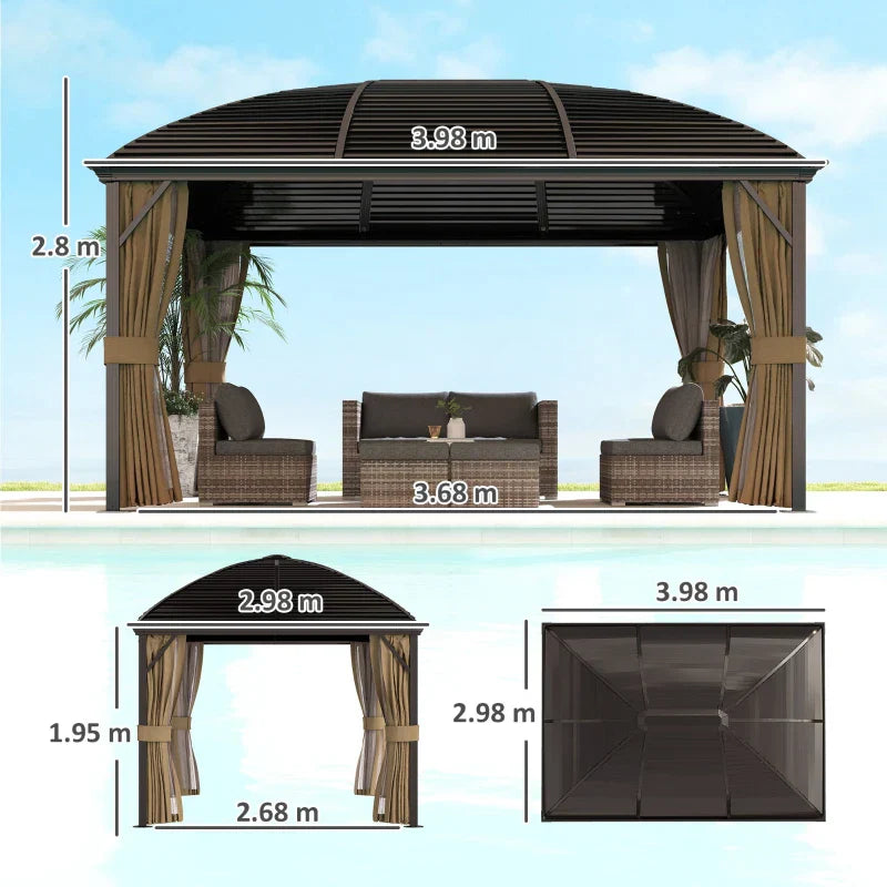 3m x 4m Brown Hardtop Garden Gazebo with Aluminium Frame, Steel Roof, Privacy Curtains & Mosquito Netting – Premium Outdoor Pavilion Shelter