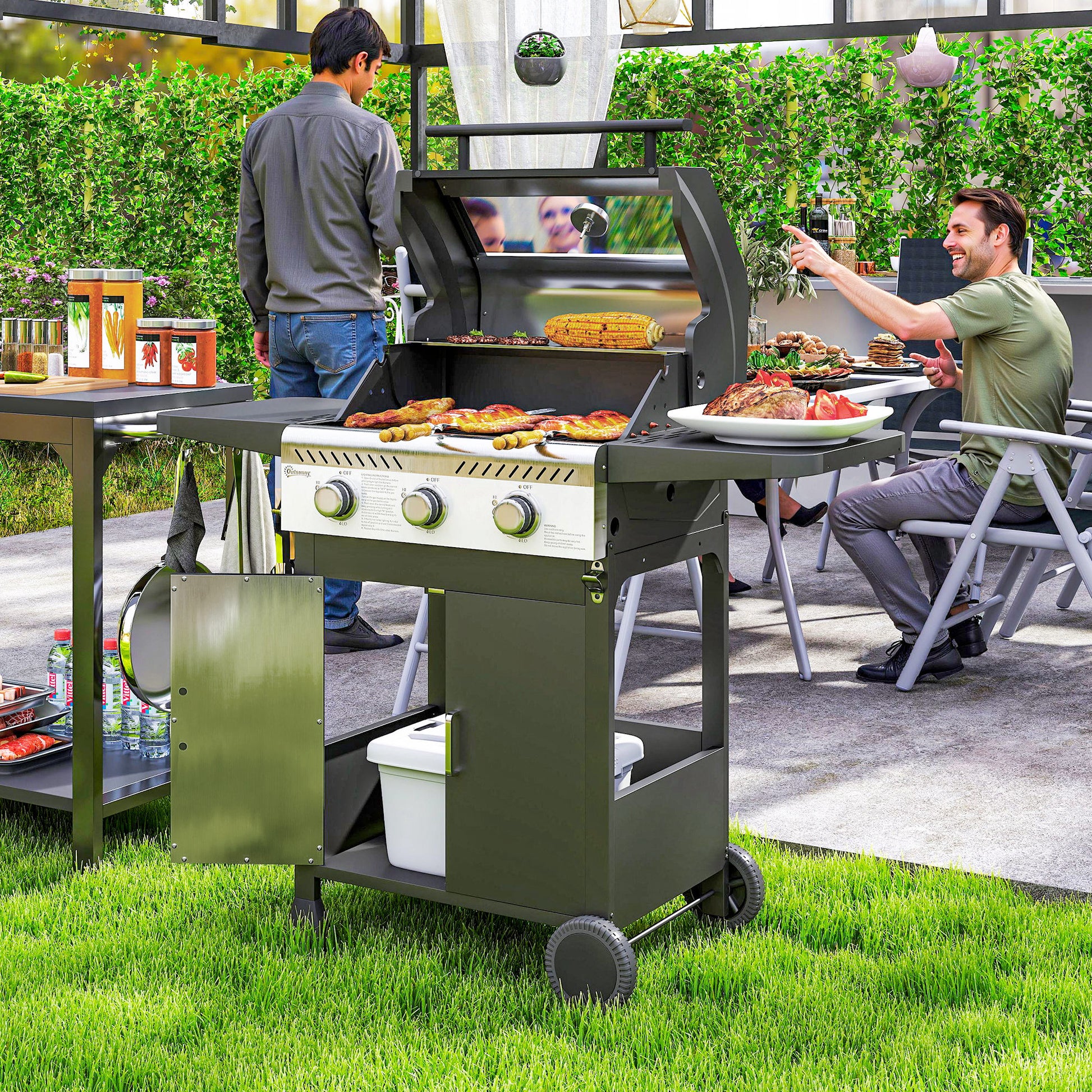 7.5kW Three-Burner Gas BBQ, with See-Through Lid - Black