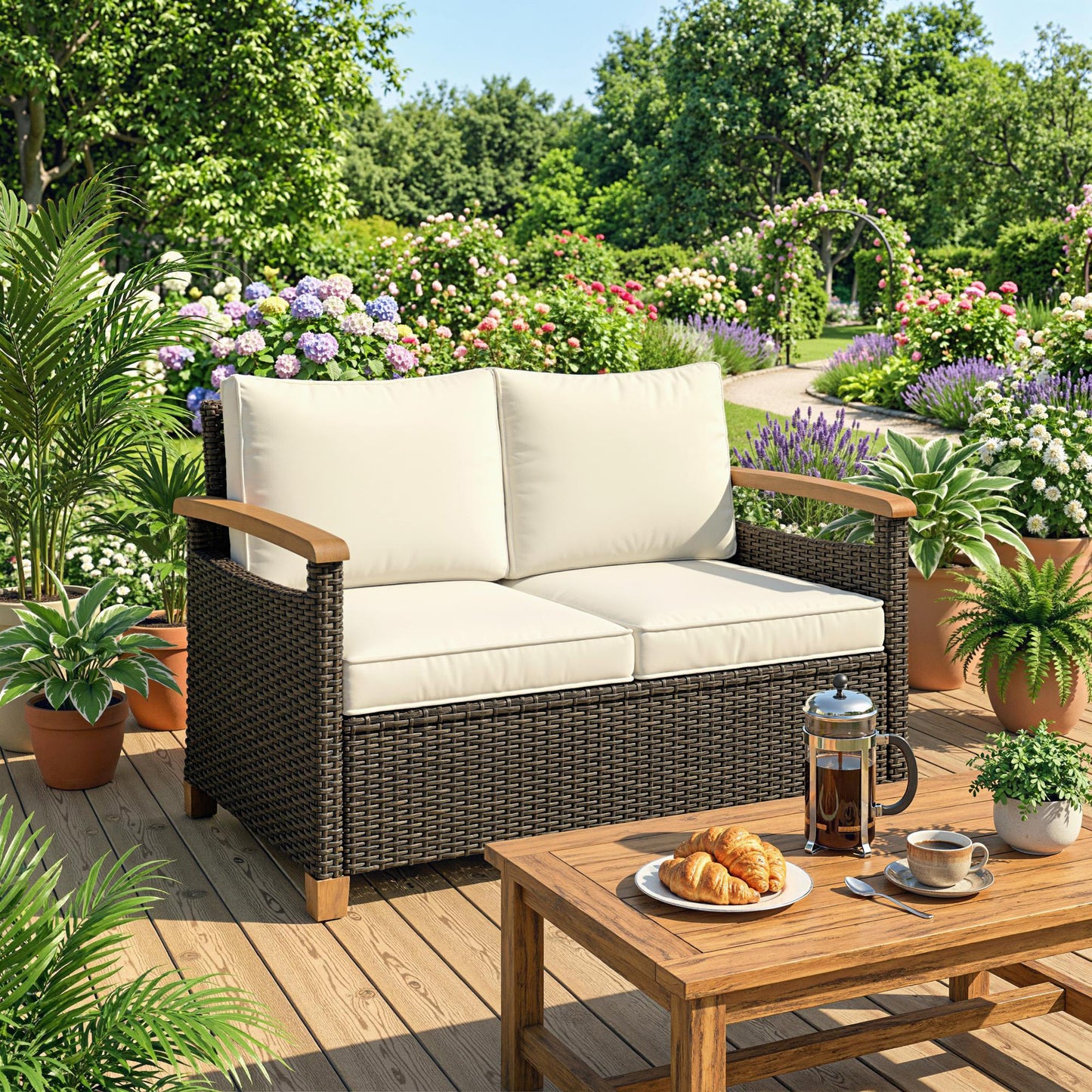 Capri 2 Seater Rattan Garden Sofa, Garden Sofa with Thickened Cushions and Acacia Wood Armrests, Brown