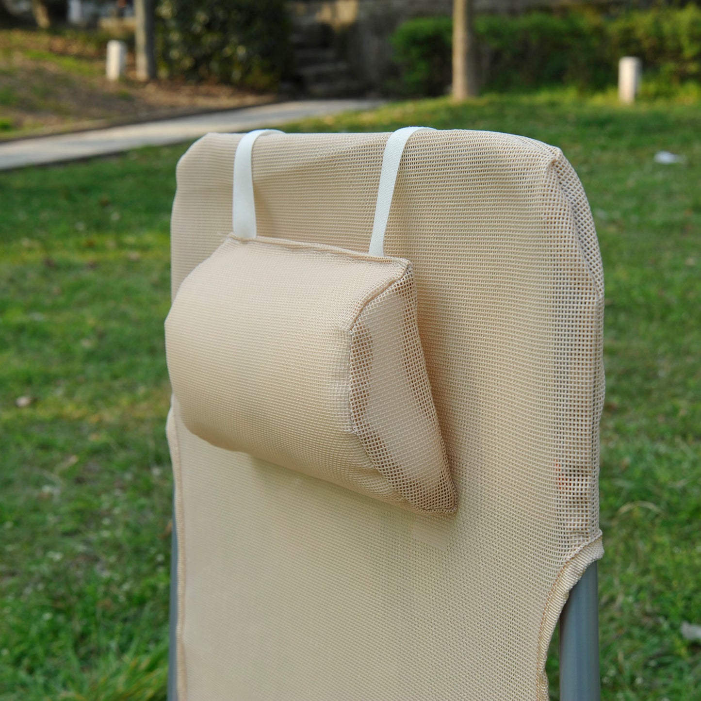 Outsunny Folding Sun Lounger, Texteline Reclining Sun Bed with 5 Position Adjustable Backrest, Headrest, Beige