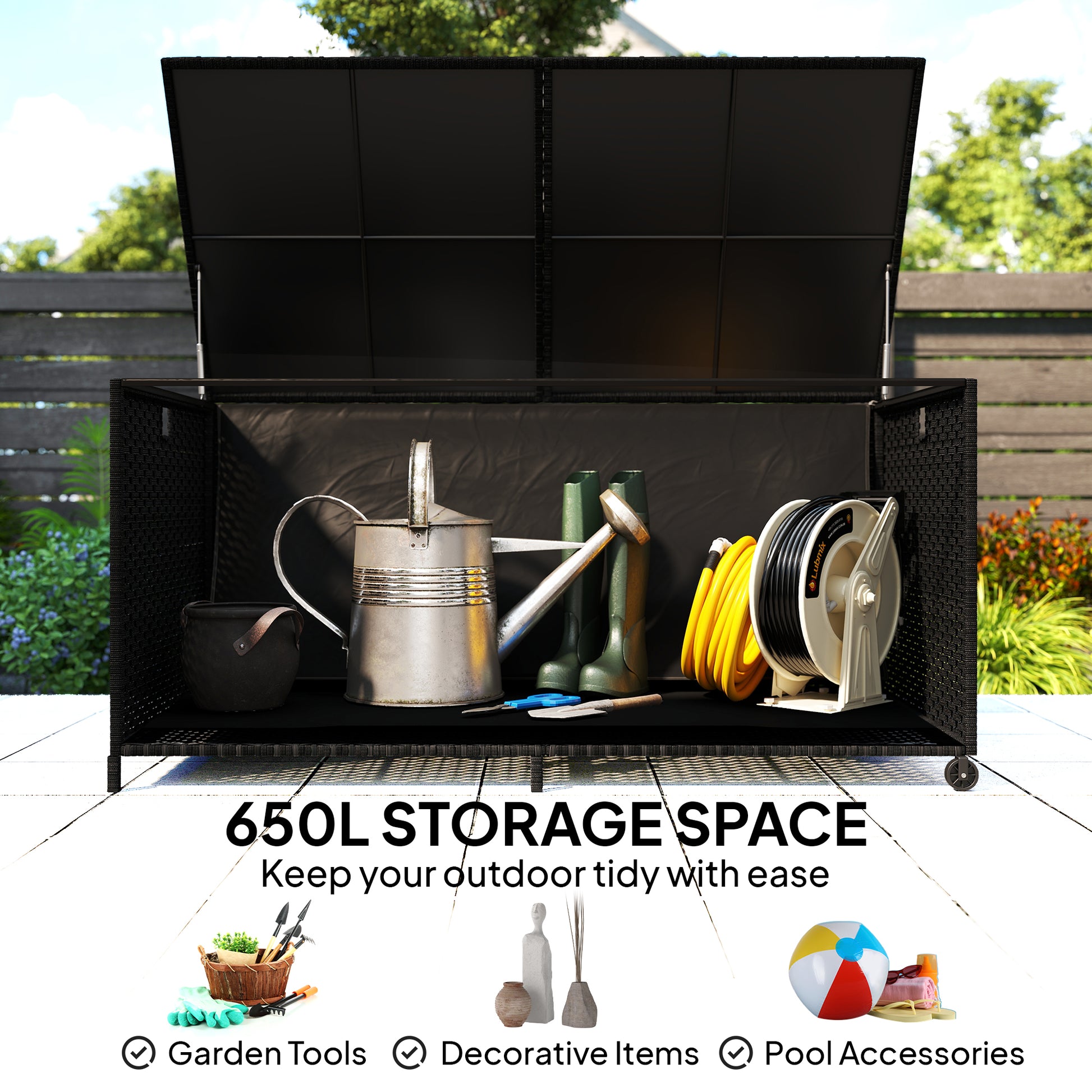 Outsunny - 650L Rattan Garden Storage Box, with Wheels, Black