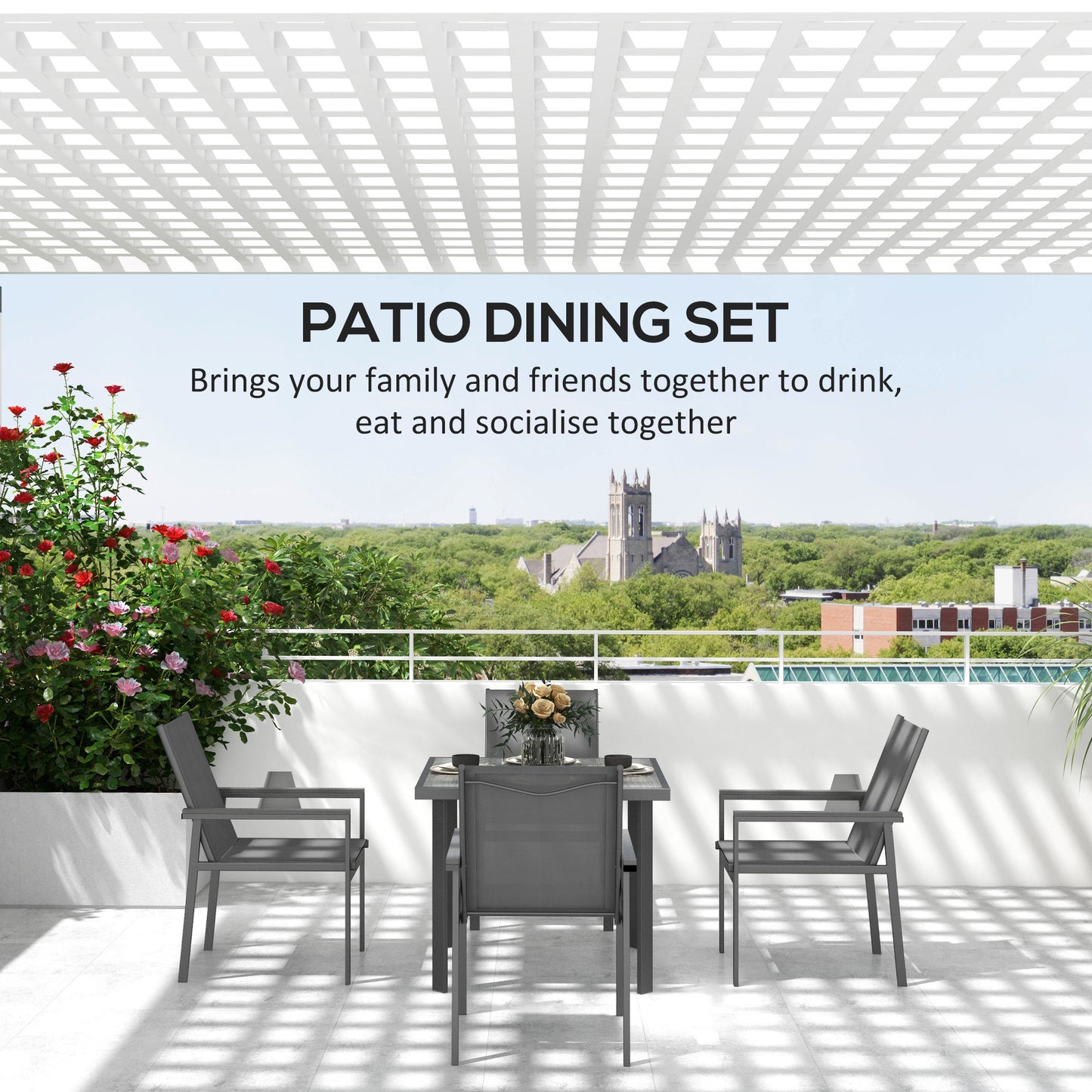 Outsunny Five-Piece Metal Dining Set, with Glass-Top Table - Grey