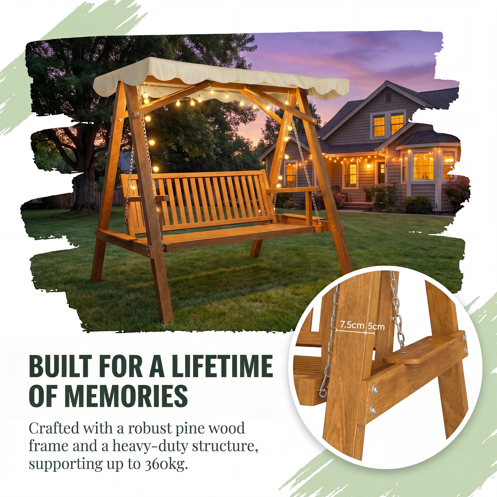 Outsunny 3 Seater Garden Swing Seat with Canopy, Wooden Swing Chair, Outdoor Hammock Bench for Balcony Patio Porch, Cream White