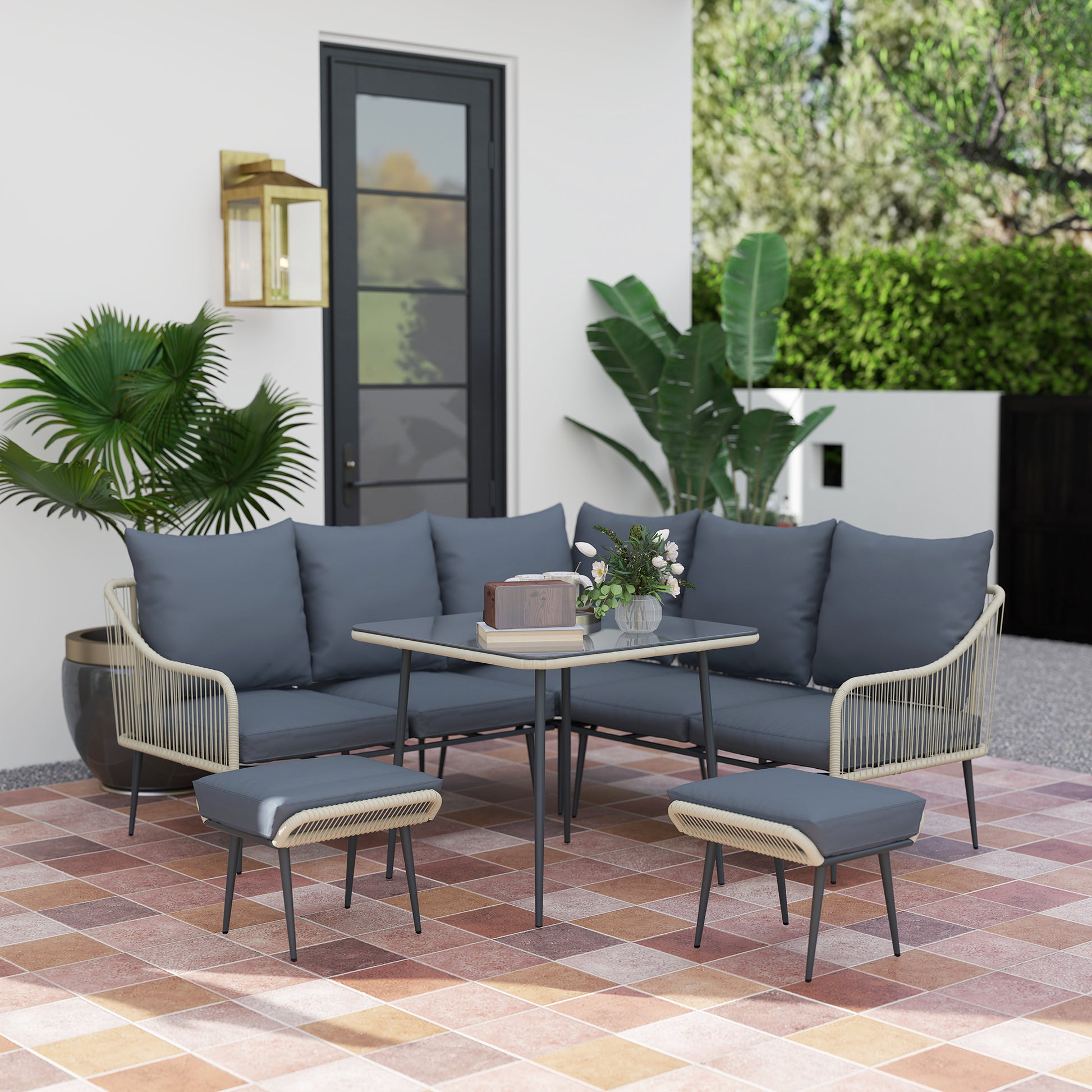 Verona Six-Piece Rattan Strong Garden Sofa Set with Removable and Washable Covers - Grey