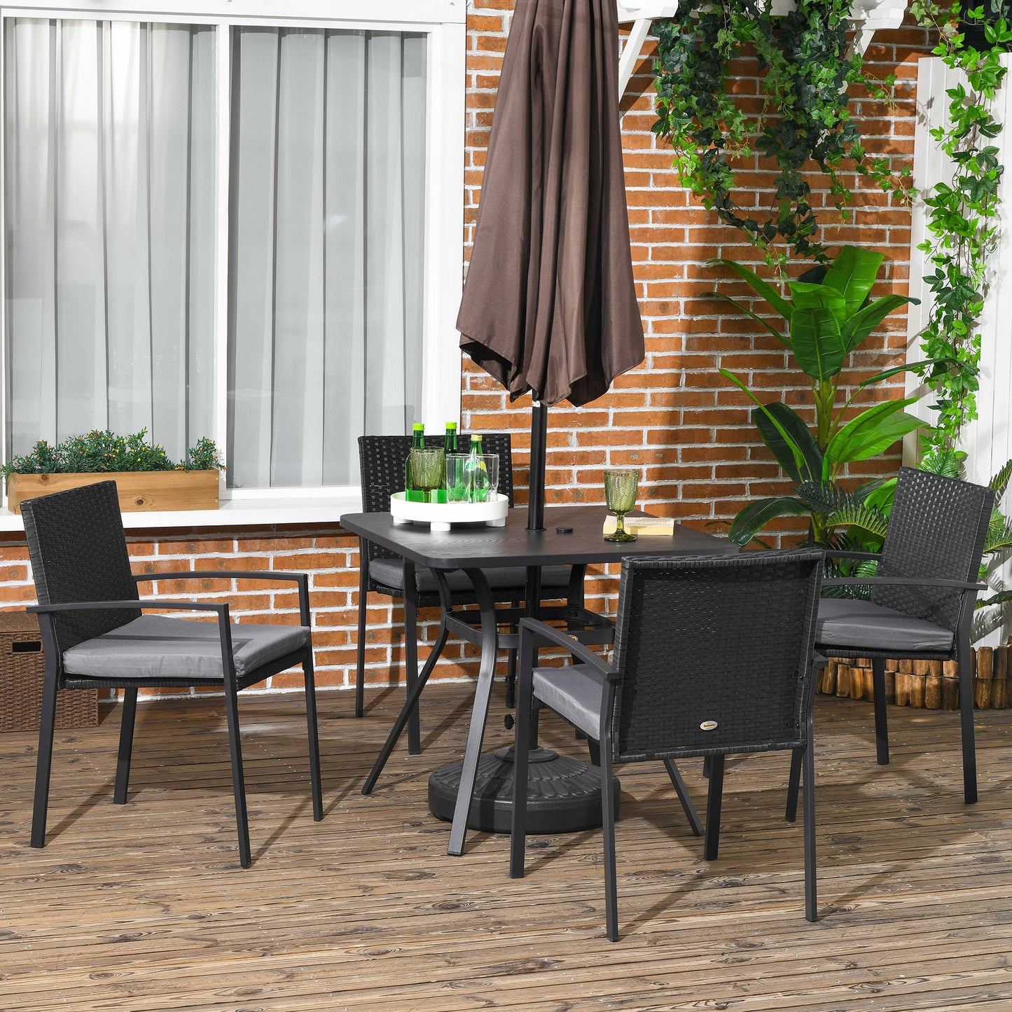 Tivoli Five-Piece Garden Dining Set, with Rattan Seat Chairs and Cushions - Black