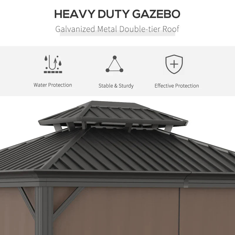 3.65m x 3m Aluminium Hardtop Gazebo - Brown Double Roof Patio Shelter with Privacy Curtains