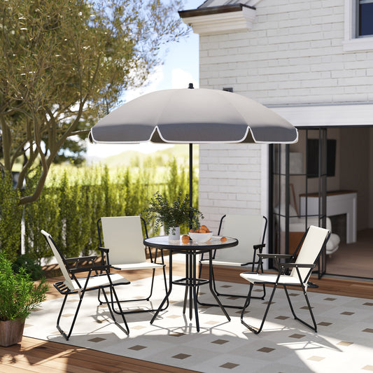 4 Seater Garden Furniture Set, 6 Pieces Garden Table and Chairs with Parasol, Outdoor Garden Dining Set with Folding Chairs and Round Glass Top