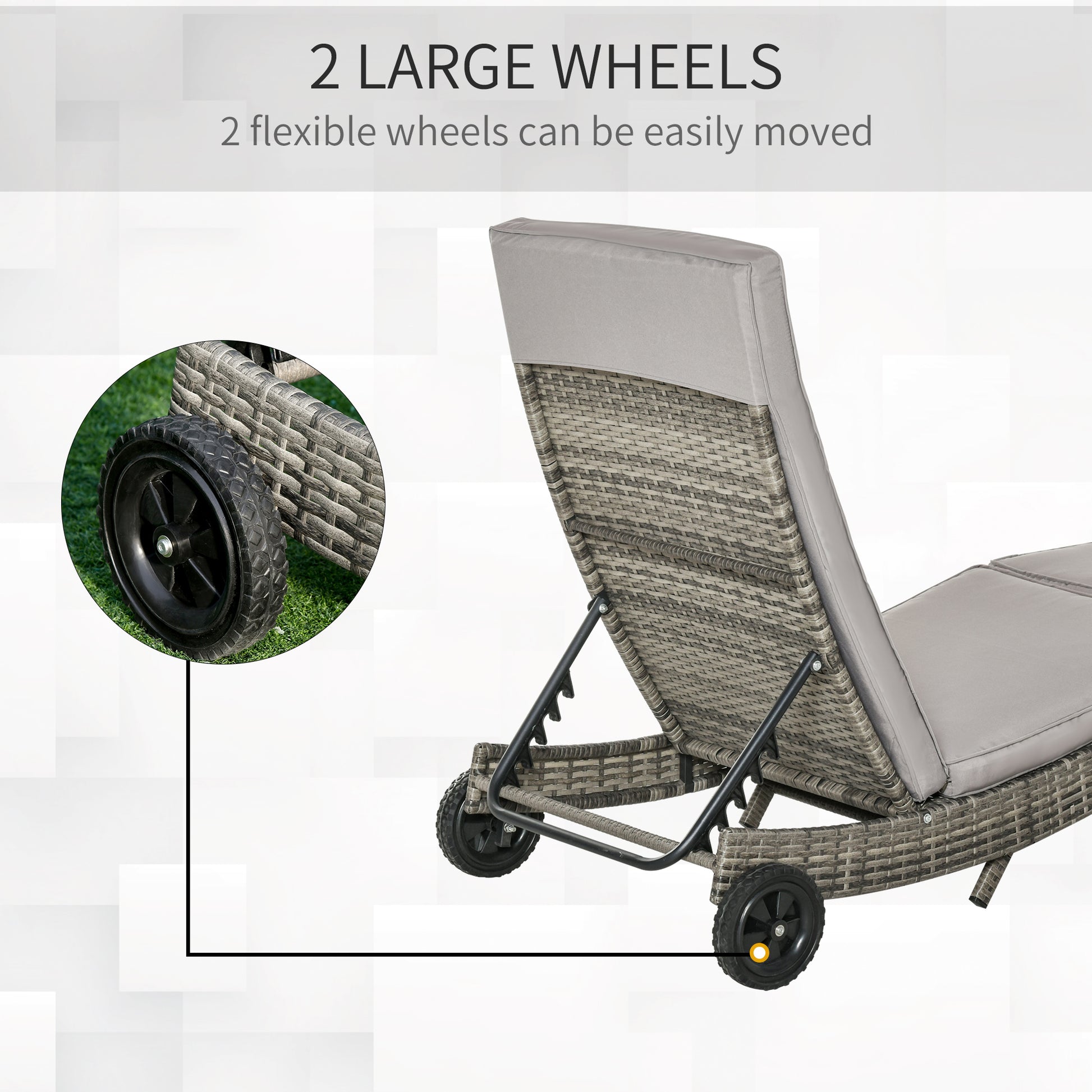 Outsunny Patio Wicker Chaise Lounge Chair, Outdoor PE Rattan Sun Lounger with Adjustable Backrest and 2 Wheels, Grey