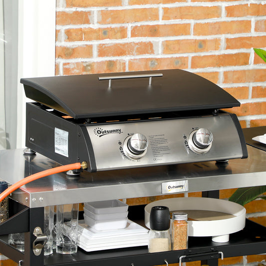 Gas Plancha Barbecue Grill with 2 Stainless Steel Burner, 5kW, Portable Tabletop Gas BBQ with Non-Stick Griddle for Camping Picnic Garden Party