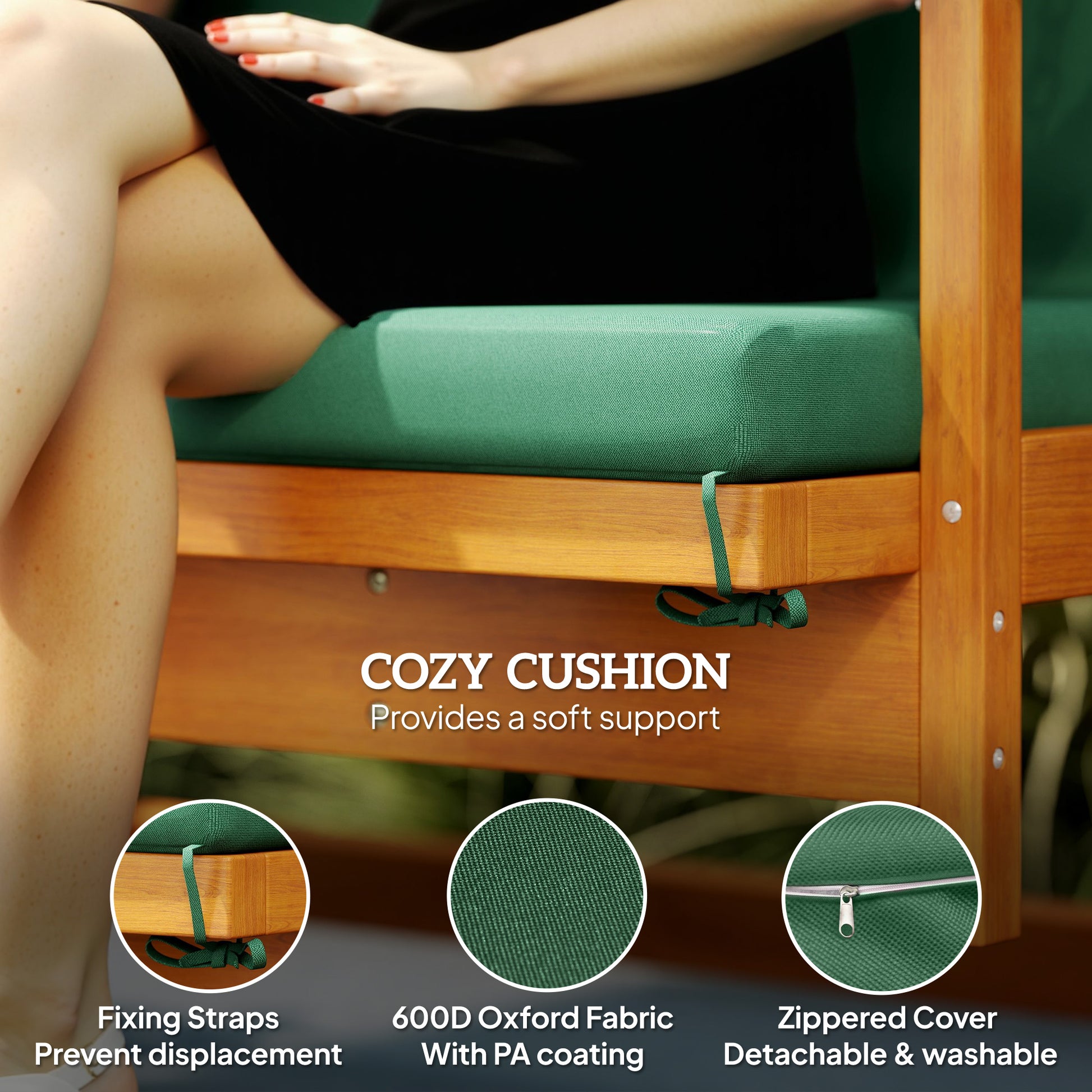 Outsunny 3 Seater 2-in-1 Wooden Garden Swing Seat Swing Chair, Outdoor Convertible Hammock Bench w/cushion, Furniture Lounger Bed, Dark Green
