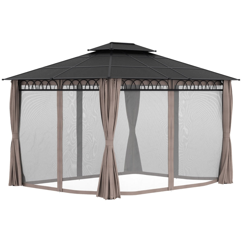 3.6m x 3m Hardtop Garden Gazebo with Twin-Tier Polycarbonate Roof, Privacy Curtains & Insect Mesh Panels