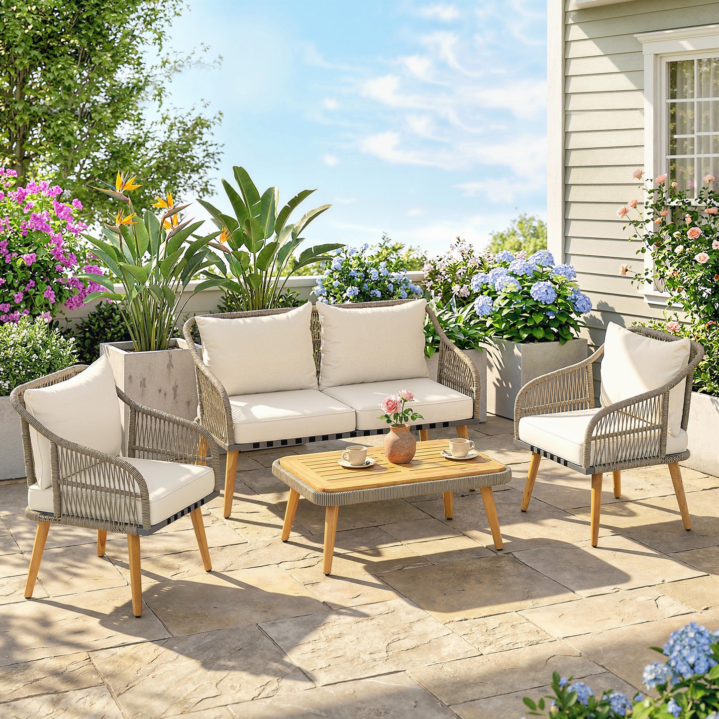 Marbella 4 Piece Rattan Garden Furniture Set with Loveseat, Armchairs, Wood Table, Wicker Patio Conversation Set