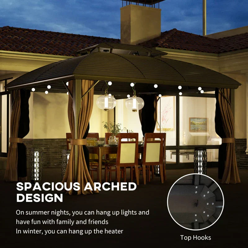 3.65m x 3m Coffee Hardtop Garden Gazebo with Steel Roof, Aluminium Frame, Double – Tier Canopy, Curtains & Mesh Sidewalls – Luxury Outdoor Pavilion...