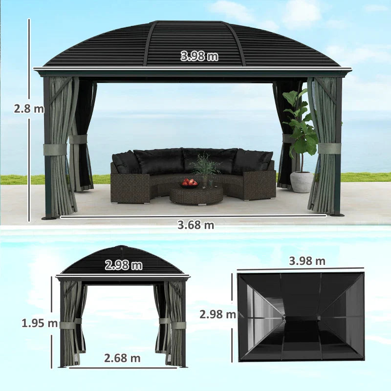 3m x 4m Dark Grey Hardtop Garden Gazebo Pavilion – Aluminium Frame with Steel Roof, Privacy Curtains & Insect Mesh Canopy Shelter