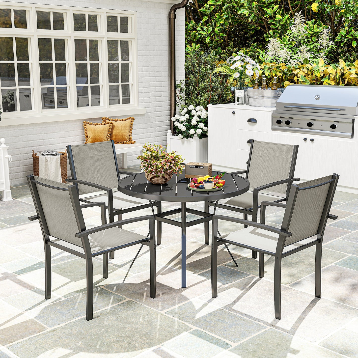 Mediterraneo 5 Piece Garden Dining Set with Round Table and 4 Stackable Chairs, Steel Frame, Patio, Terraces