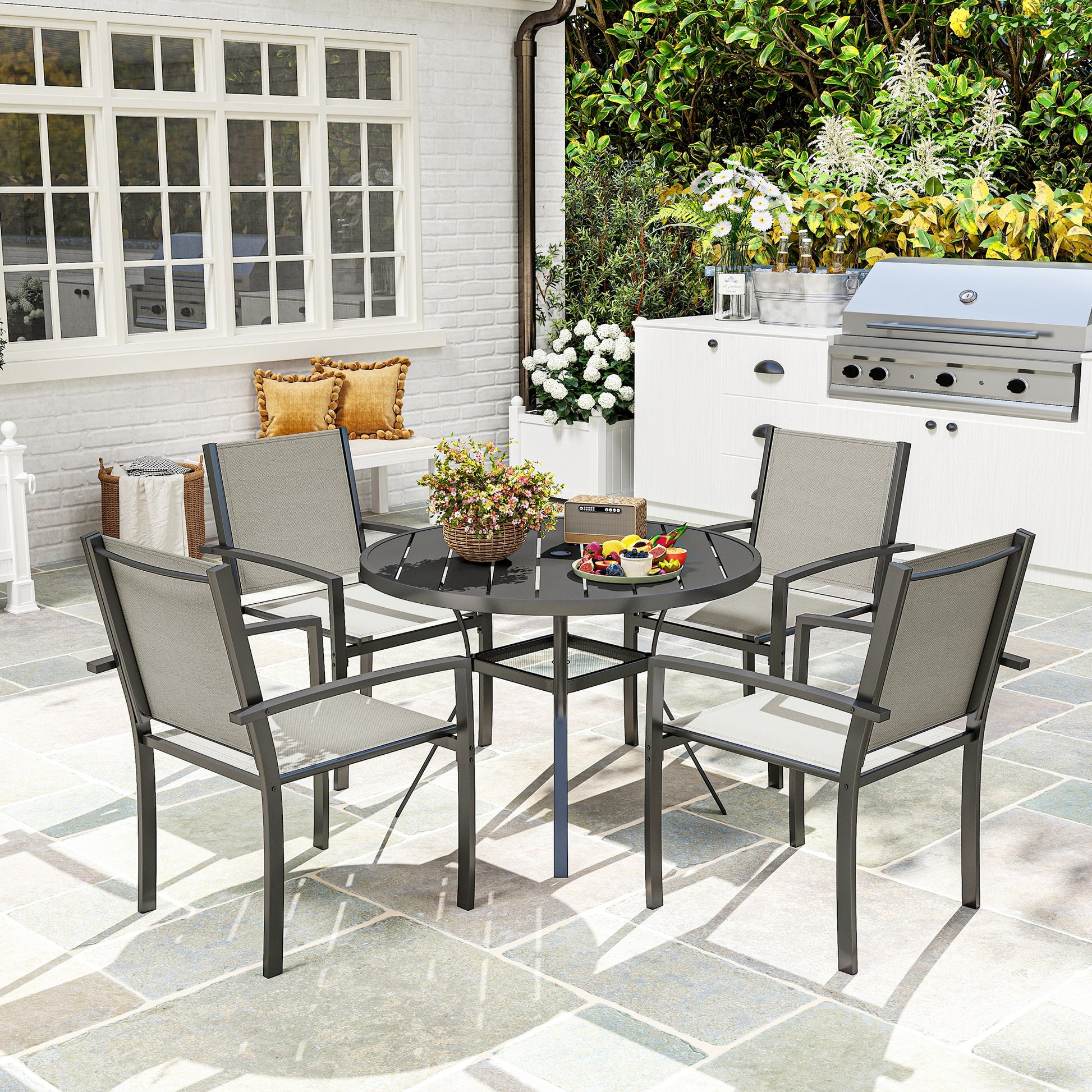 Mediterraneo 5 Piece Garden Dining Set with Round Table and 4 Stackable Chairs, Steel Frame, Patio, Terraces