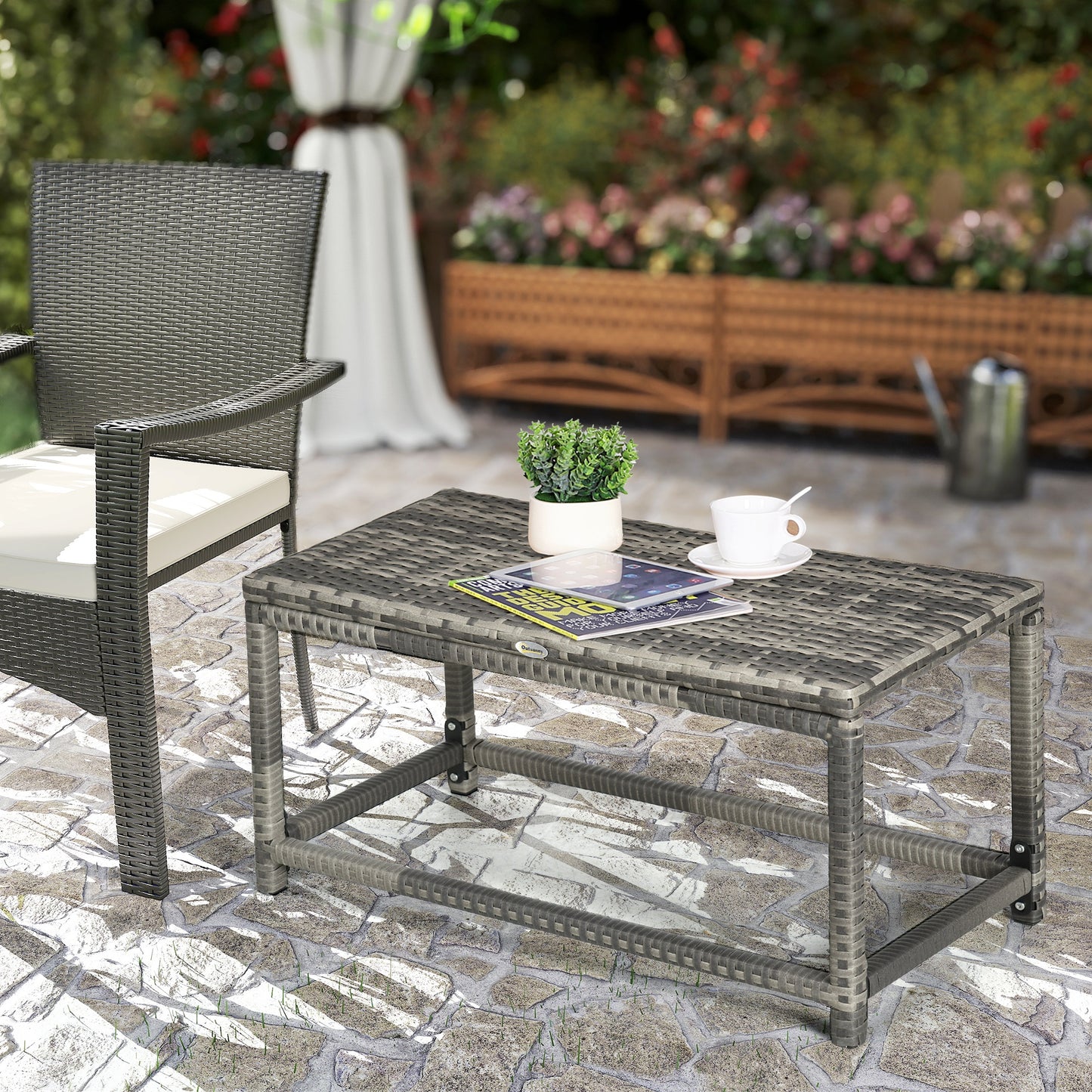 Outdoor Coffee Table, Garden PE Rattan Side Table with Plastic Board Under the Full Woven Table Top and Rectangular Frame for Patio, Balcony,