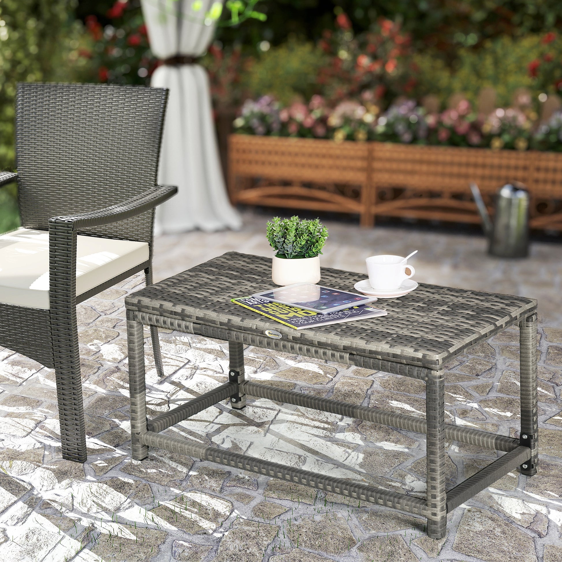 Outdoor Coffee Table, Garden PE Rattan Side Table with Plastic Board Under the Full Woven Table Top and Rectangular Frame for Patio, Balcony,