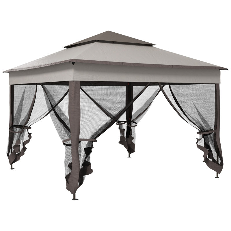 3.25m x 3.25m Brown & Grey Pop – Up Garden Gazebo – Double Tier Roof Metal Frame Pavilion with Mesh Curtains, Carry Bag & Outdoor Event Shelter