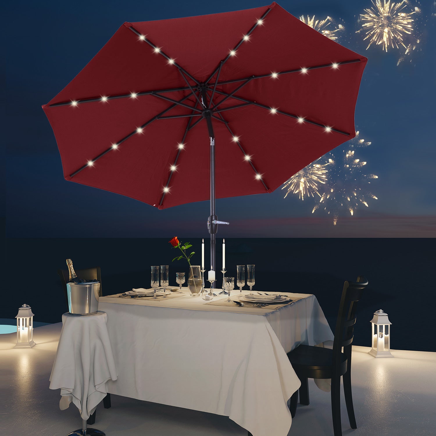 Φ2.7m Garden 24 LED Light Parasol Solar Outdoor Tilt Sun Umbrella Patio Club Party Event Manual Sun Shade
