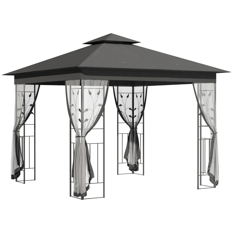 3m x 3m Grey Steel Frame Garden Gazebo – Double Tier Canopy Shelter with UV Protection, Mesh Curtains & Outdoor Party Pavilion