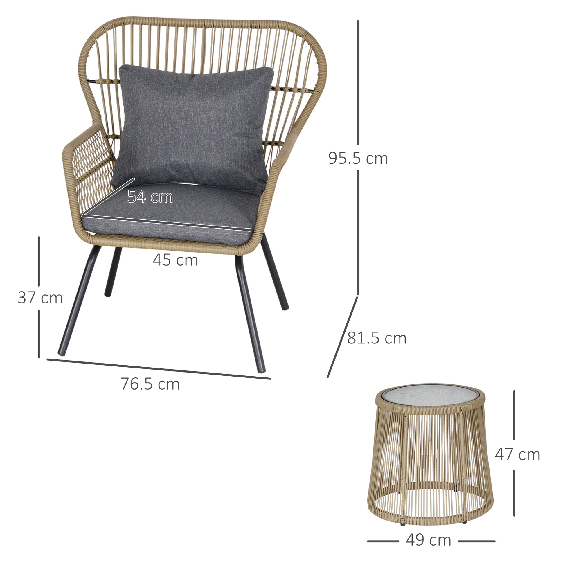 Outsunny 3 Pieces Rattan Bistro Set, Wicker Garden Furniture Set with Cushions, Glass Top Coffee Table and Chairs for Outdoor,  Small Garden, Patio, Brown