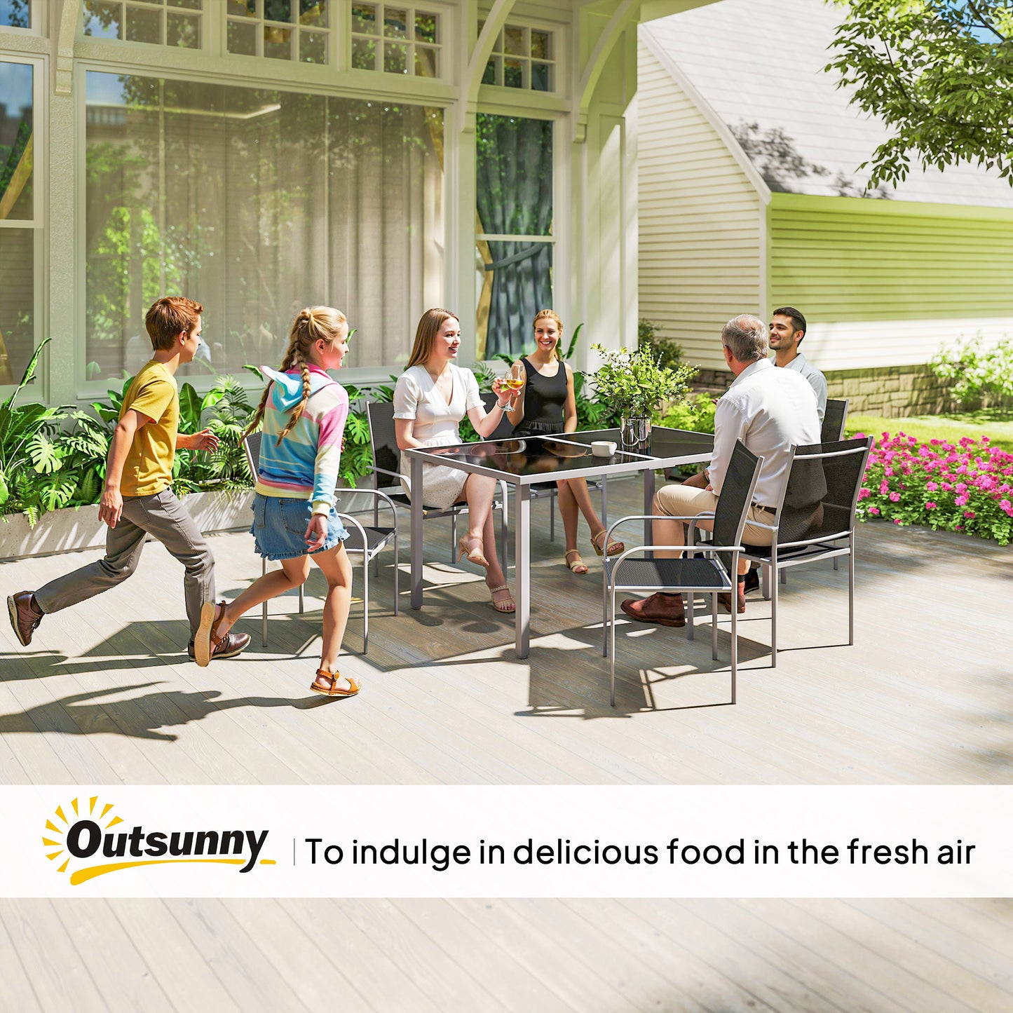 Outsunny 7 Piece Outdoor Garden Dining Set with Table and 6 Stackable Chairs, Steel Frame, Tempered Glass Top, Mesh Seats, Black