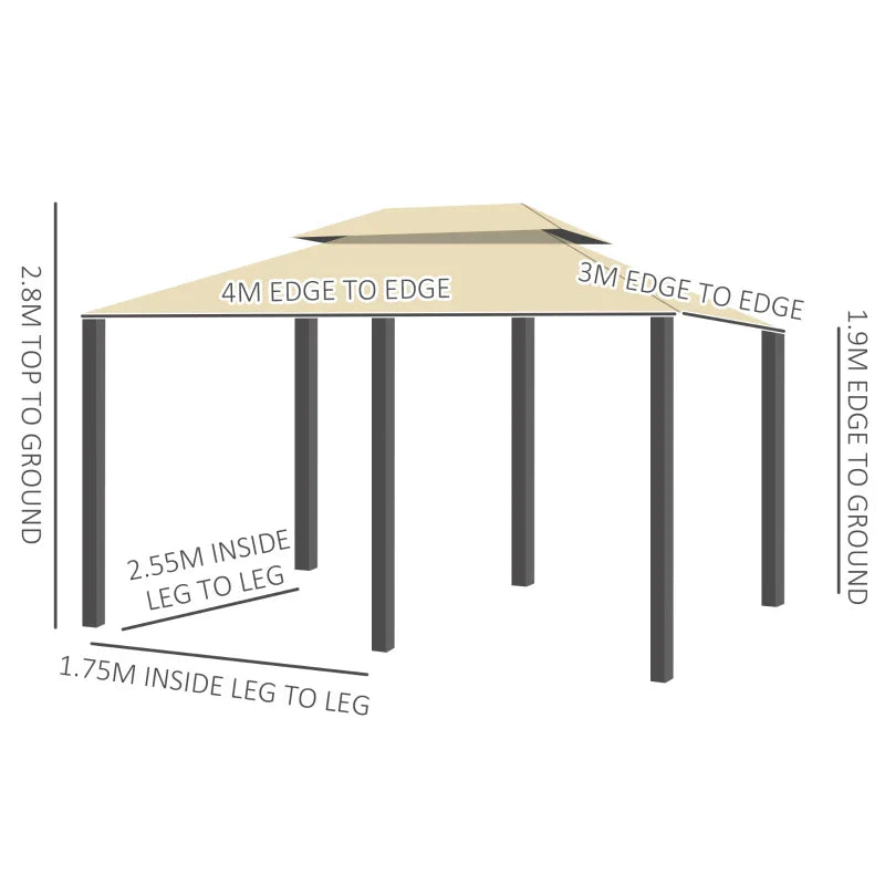 4m x 3m Garden Gazebo with LED Solar Lights - Double Tier Roof Outdoor Party Shelter with Curtains