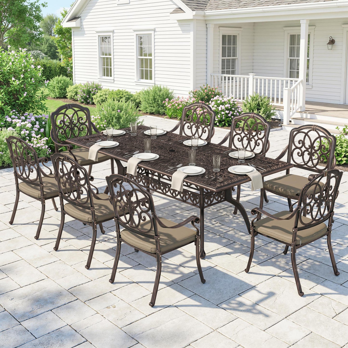 Portofino 9 Piece Cast Aluminium Garden Dining Set, Garden Table and Chairs Set with Cushions