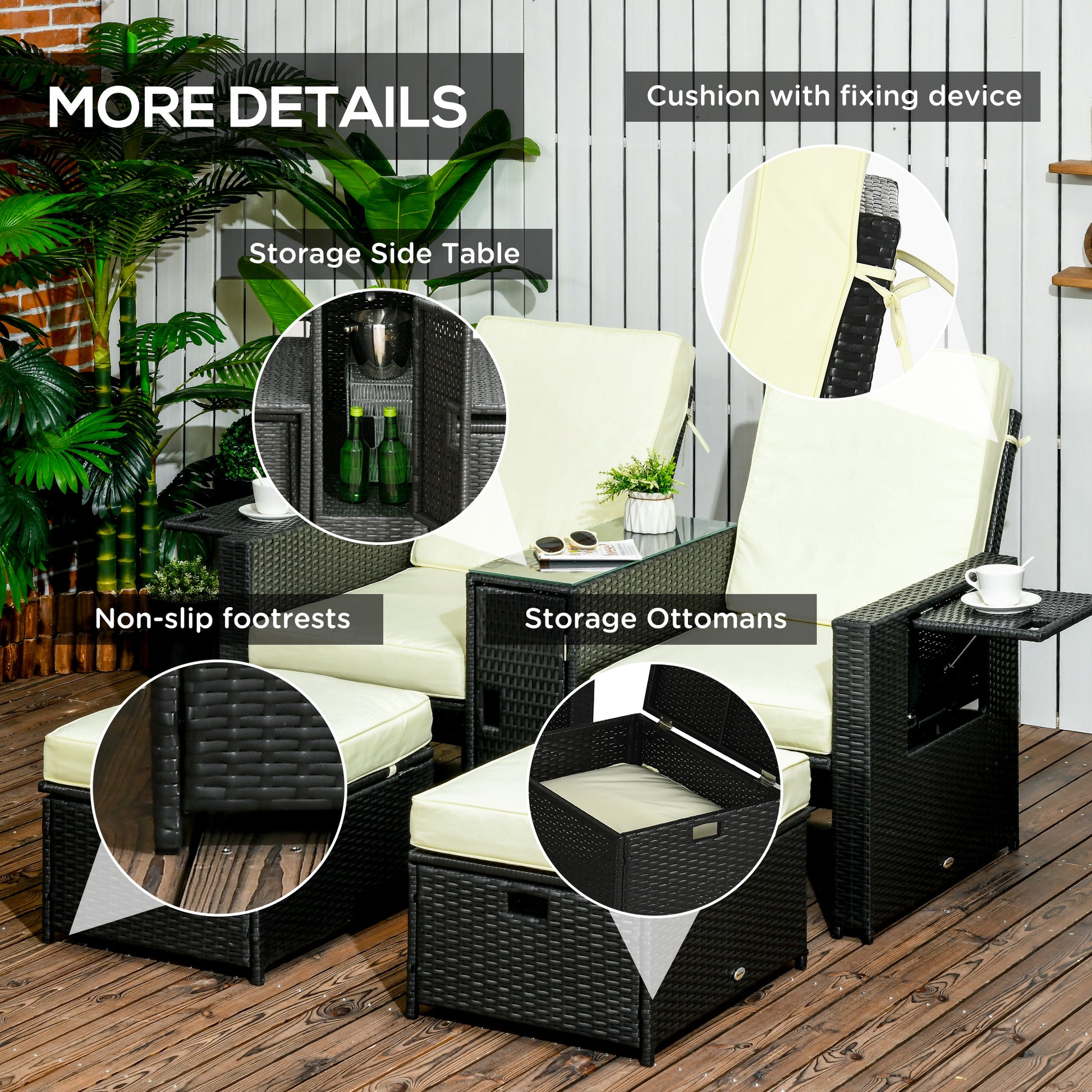 Outsunny 5PC PE Rattan Sun Lounger, 5-level Adjustable Recliner Sofa Bed with Storage Side Table and Footstools, Black