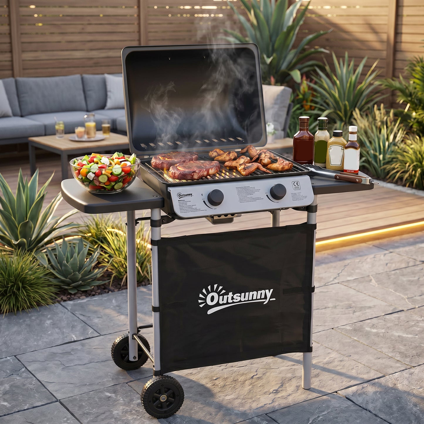2 Burner Gas BBQ Trolley with Lid, 5.6 kW Gas BBQ with Wheels
