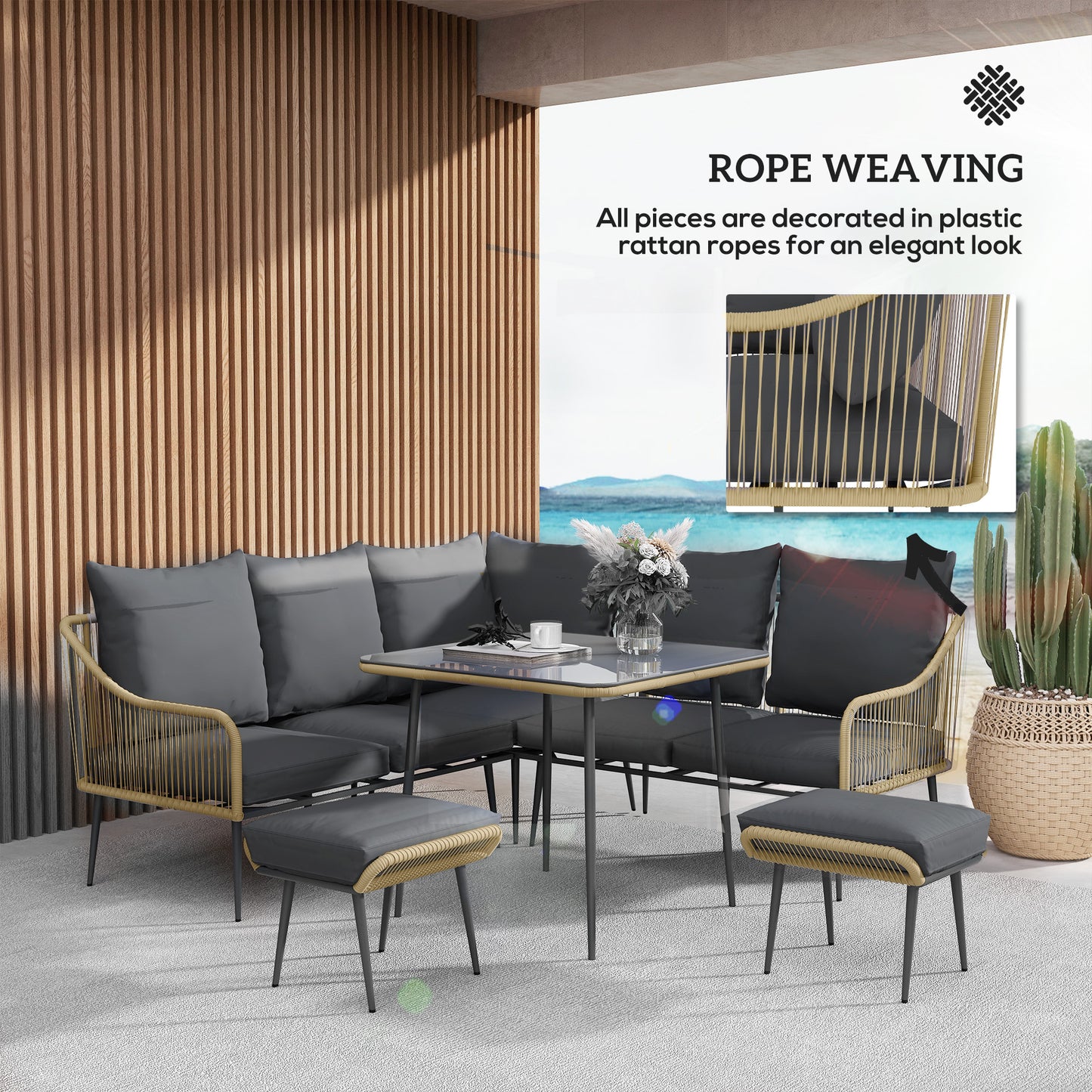 Outsunny Six-Piece Rattan Strong Garden Sofa Set with Tempered Glass-top Table - Brown/Grey