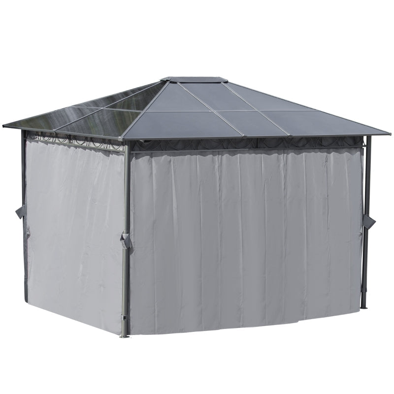 3.6m x 3m Grey Polycarbonate Hardtop Garden Gazebo with Privacy Curtains & Steel Frame