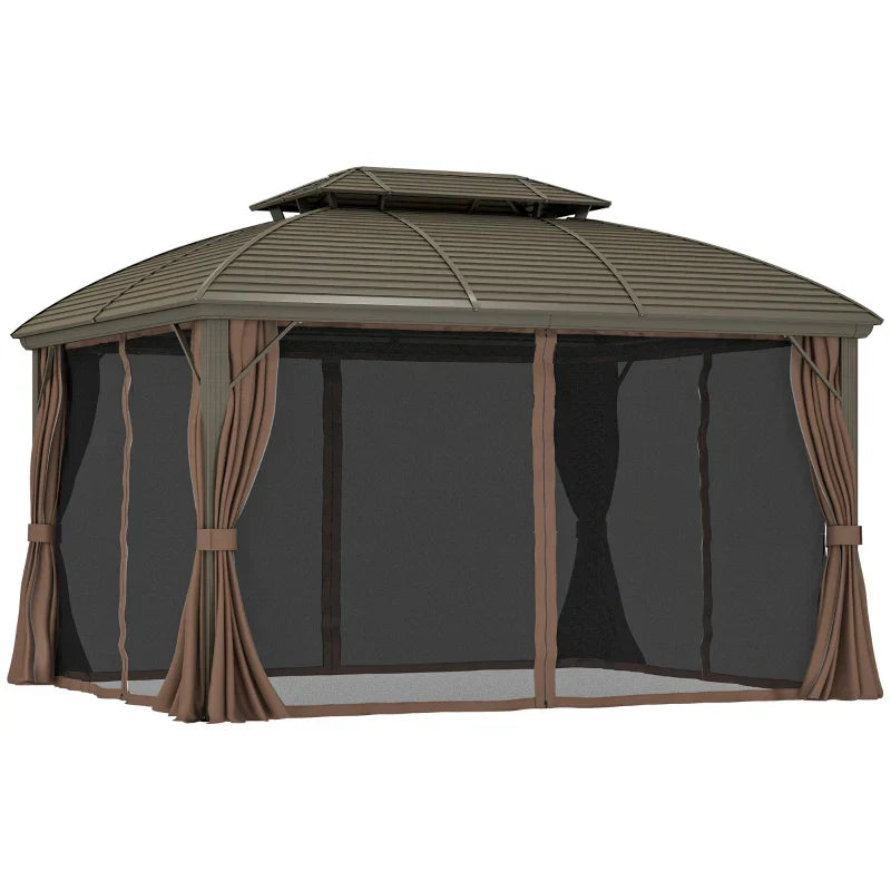 3.65m x 3m Coffee Hardtop Garden Gazebo with Steel Roof, Aluminium Frame, Double – Tier Canopy, Curtains & Mesh Sidewalls – Luxury Outdoor Pavilion...