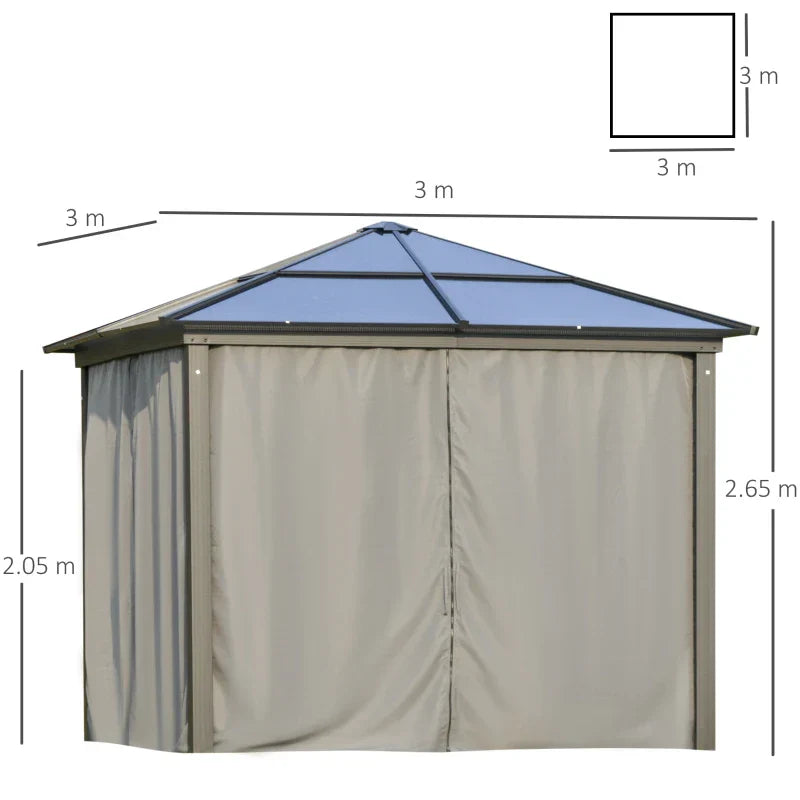 3m x 3m Premium Aluminium Hardtop Gazebo with Polycarbonate Roof, Privacy Curtains & Insect Netting – Dark Grey Garden Pavilion