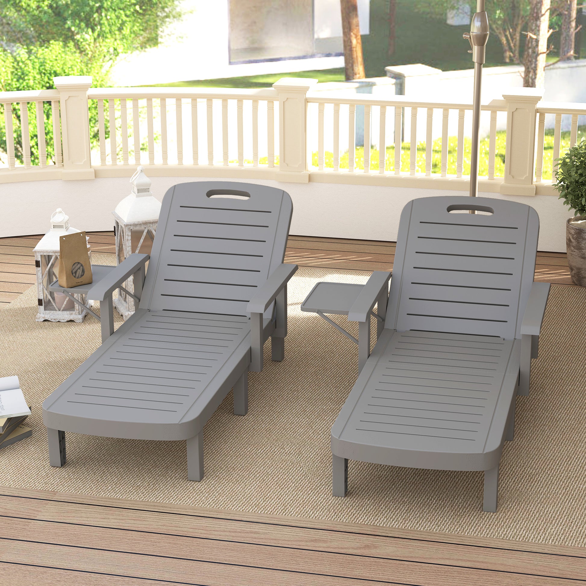 Outsunny Set of 2 Reclining Sun Loungers, 5 Positions Adjustable Outdoor Chaise Lounge Chair with Armrests, Dark Grey