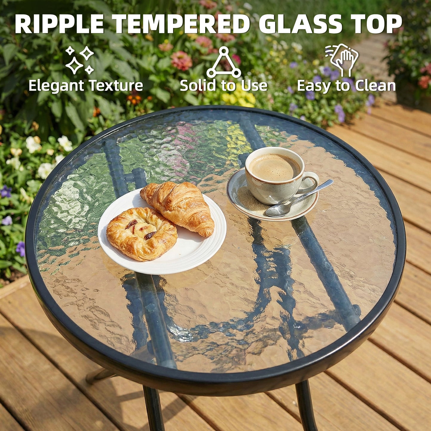 Outsunny Foldable Garden Table, Round Folding Table with Glass Tabletop and Safety Buckle for Patio, Garden, Outdoor, Indoor, Black