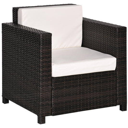 Outsunny Single Seater Rattan Chair, PE Wicker Garden Armchair with 10 cm Thickened Cushion, All-Weather Rattan Garden Chair with Armrests, Brown