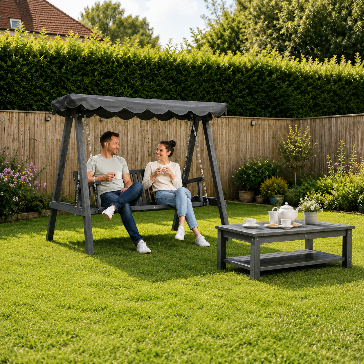 Santorini 3 Seater Garden Swing Seat with Canopy, Wooden Swing Chair