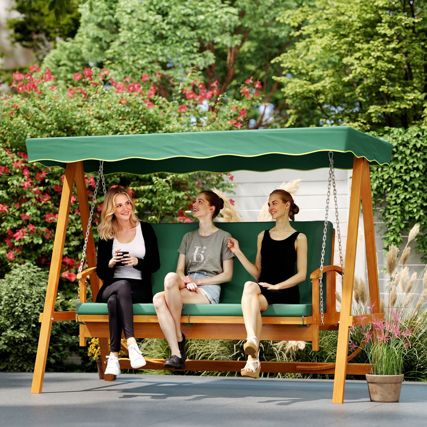 Outsunny 3 Seater 2-in-1 Wooden Garden Swing Seat Swing Chair, Outdoor Convertible Hammock Bench w/cushion, Furniture Lounger Bed, Dark Green