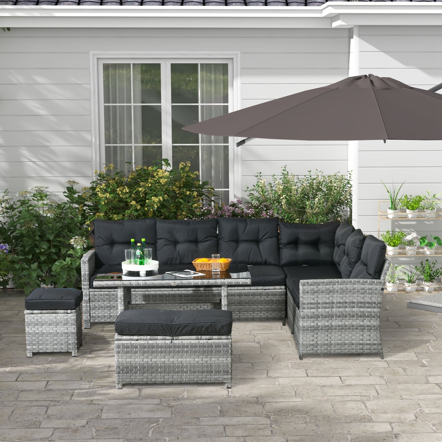 Tivoli 5-Piece Rattan Garden Furniture Set with Corner Sofa, Footstools, Glass Coffee Table, Cushions, Mixed Grey