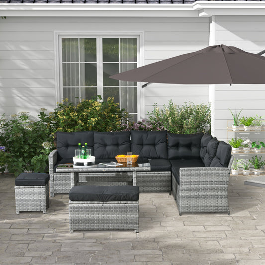 Tivoli 5-Piece Rattan Garden Furniture Set with Corner Sofa, Footstools, Glass Coffee Table, Cushions, Mixed Grey