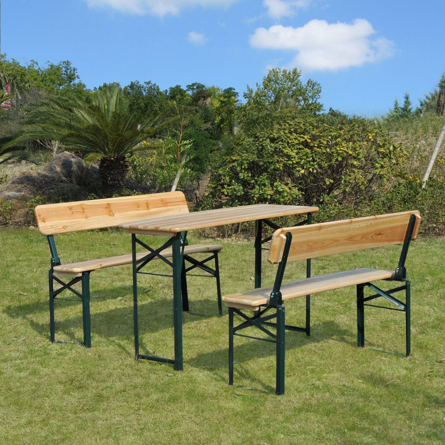 Portable Folding Camping Picnic Trestle Beer Table and 2 Bench Set Wooden Garden Furniture Patio Dining Party BBQ Chairs Stools