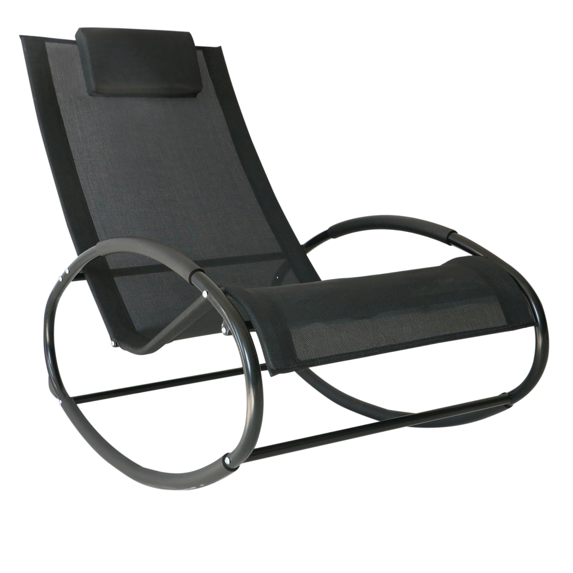 Outsunny Rocking Chair Sun Lounger Recliner Rocker Texteline Fabric Patio Garden Relaxer with Pillow, Black