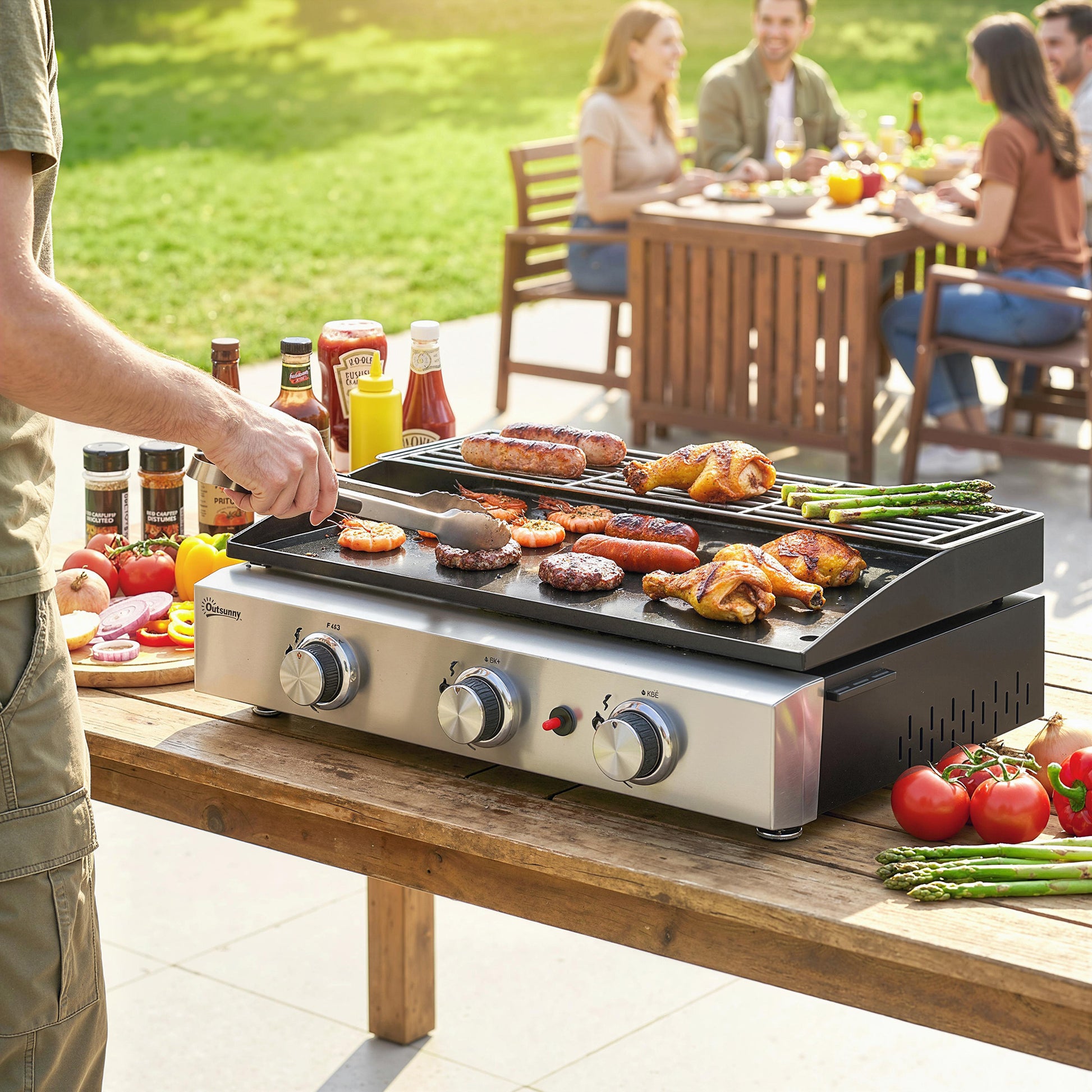 3 Burner Grill Griddle, Portable Gas Plancha with Warming Rack, 7.5 kW, Tabletop Gas BBQ with Grease Cup