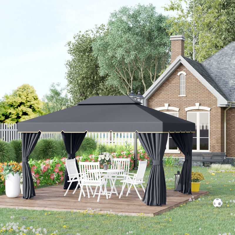 Black 3m x 4m Aluminium Gazebo – Outdoor Garden Pavilion with Double Tier Roof, Curtains and Insect Netting