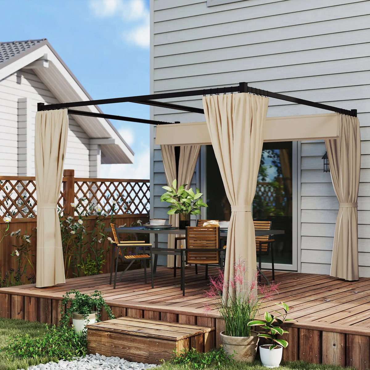 3m x 3m Retractable Metal Pergola with Curtains – Outdoor Patio & Deck Shelter, Adjustable Canopy Shade for BBQ & Grill Area, Beige